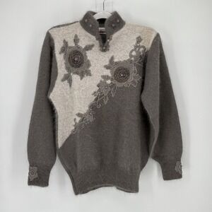 Vintage Dong Myung Sweater Womens Large Angora Floral Beaded Funnel